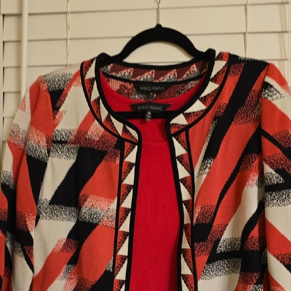 Ming Wang Pink and Black Geometric Cardigan Sweater And Top - Picture 3 of 14